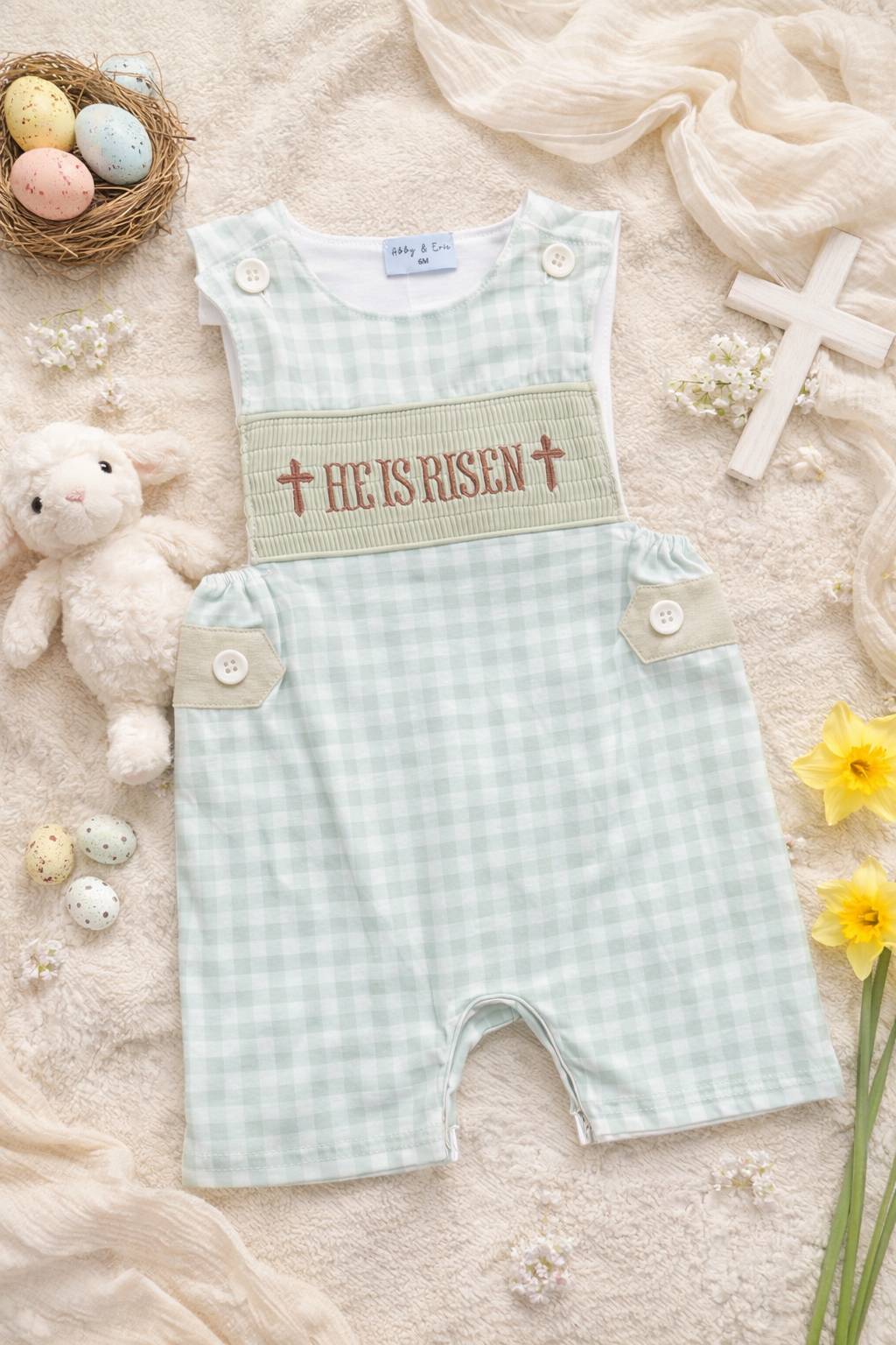Sage He Is Risen Smocked Gingham Jonjon
