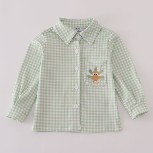 Sage Turkey Embroidery Gingham Button Down Shirt