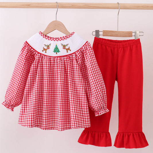 Red Woven Christmas Tree Reindeer Smocked Pants Set