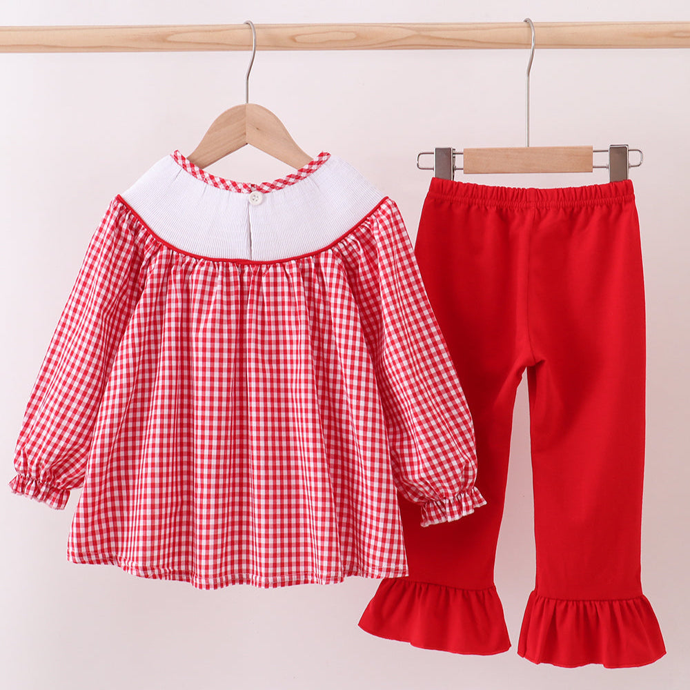 Red Woven Christmas Tree Reindeer Smocked Pants Set