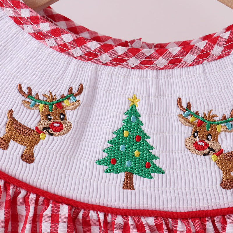 Red Woven Christmas Tree Reindeer Smocked Pants Set