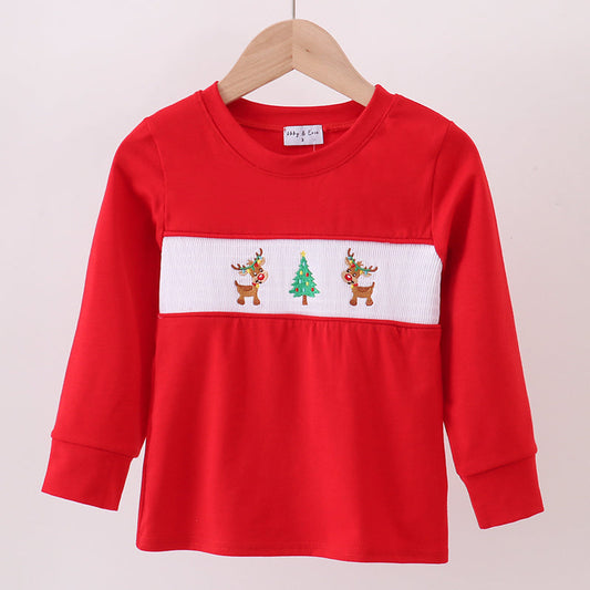Red Christmas Tree Reindeer Smocked Top