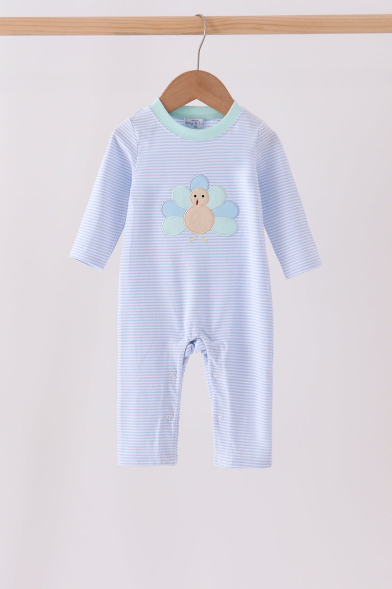 Blue Turkey Embroidered Stripe Romper