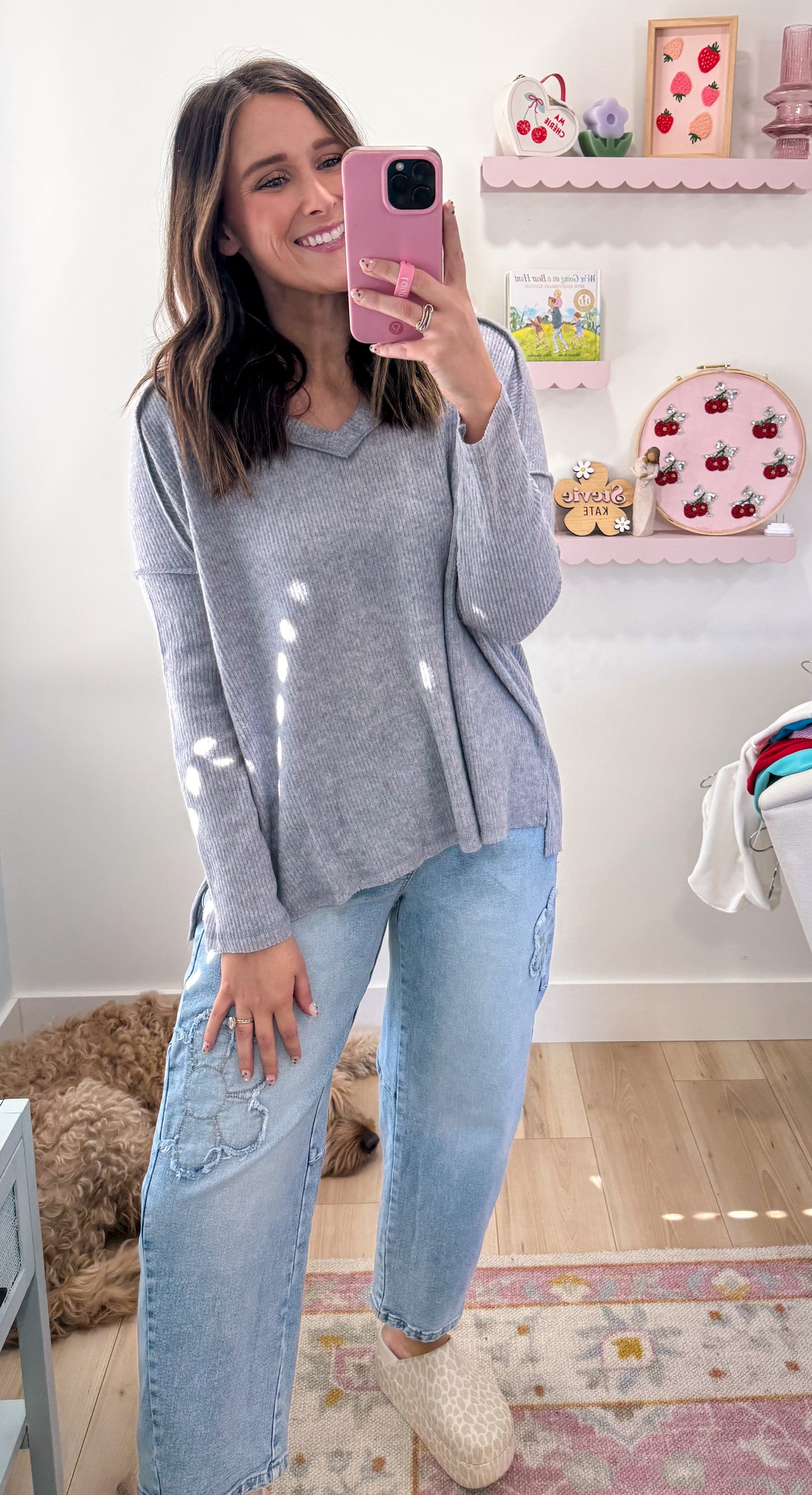 Ribbed Long Sleeve Top, H. Grey