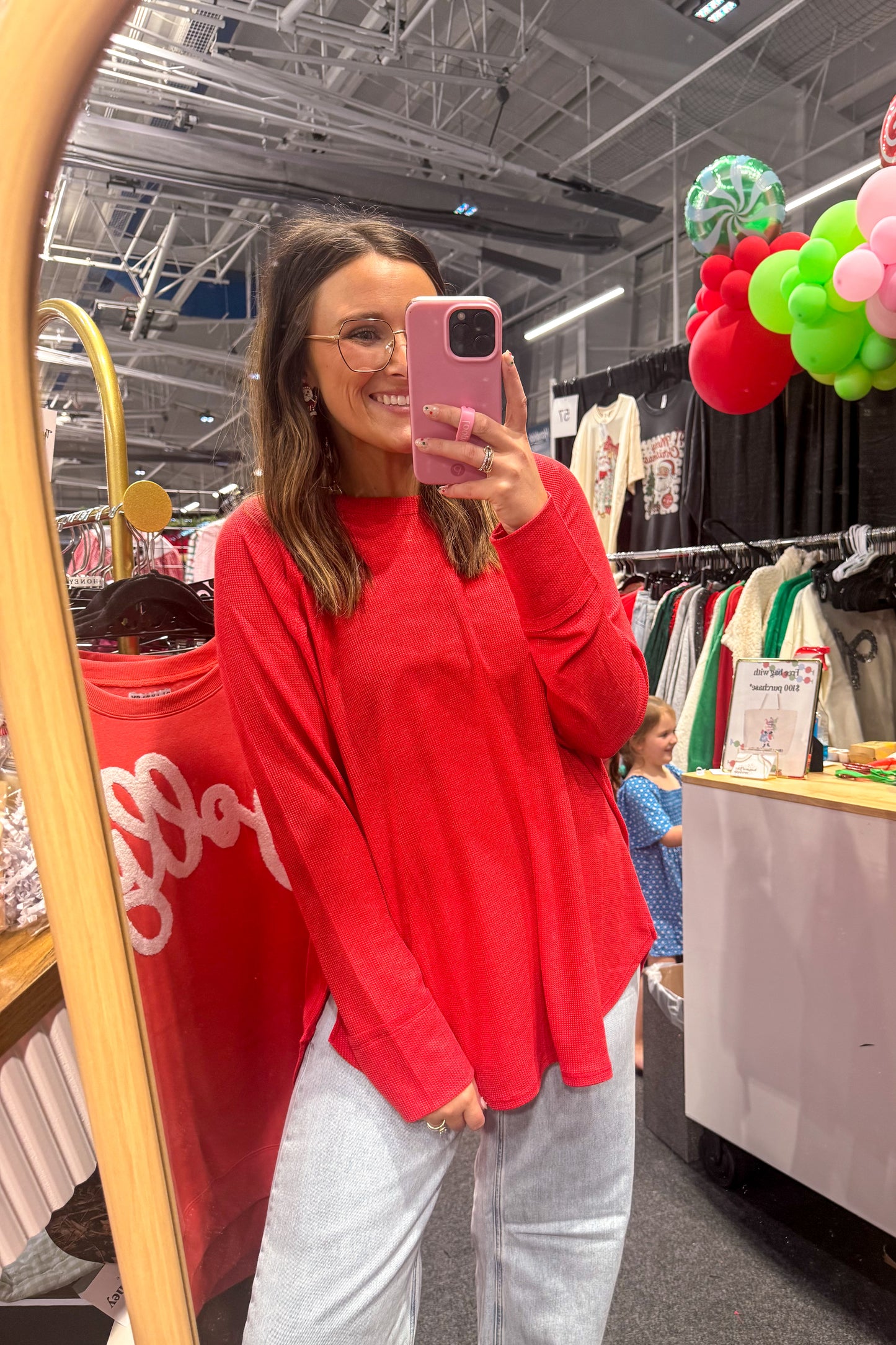 Baby Waffle Long Sleeve Top, Ruby