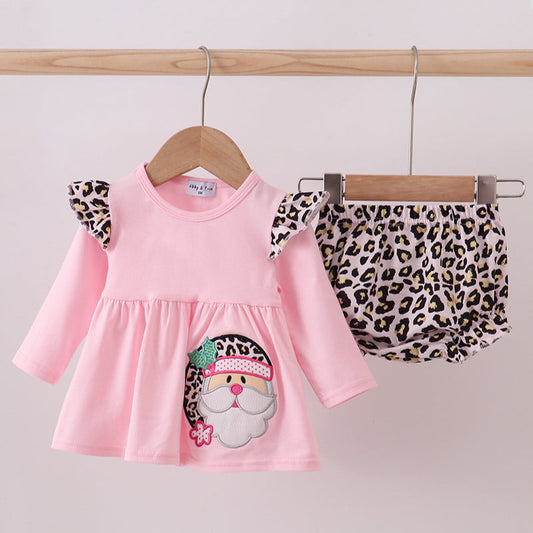 Pink Santa Claus Leopard Ruffle Bloomer Set
