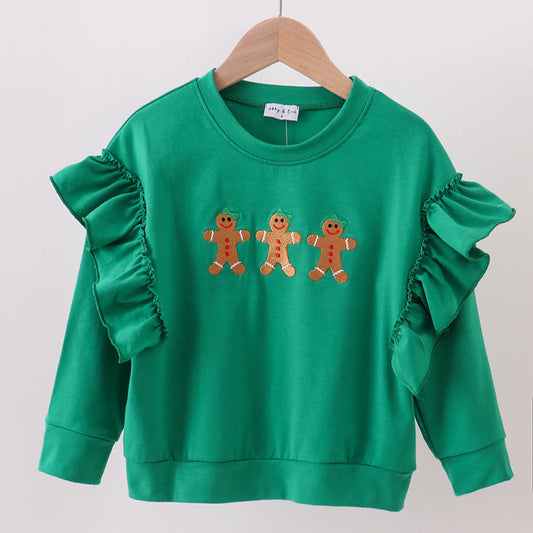 Green Gingerbread Embroidery Ruffle Top