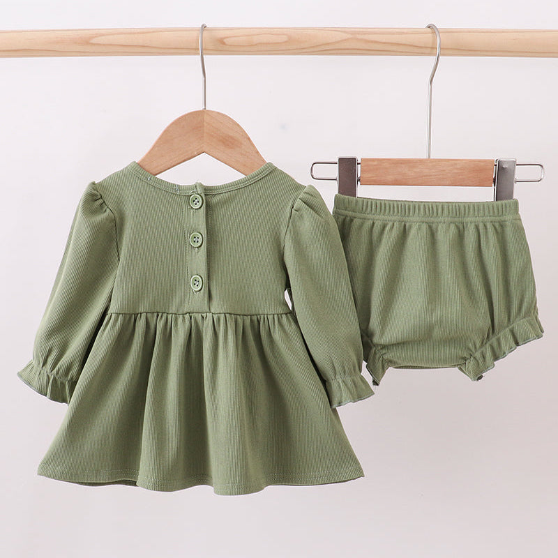 Green Christmas Tree Embroidery Ribbon Ruffle Bloomer Set