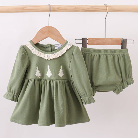 Green Christmas Tree Embroidery Ribbon Ruffle Bloomer Set