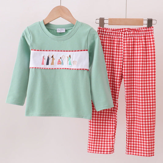 Green nativity embroidery pants set