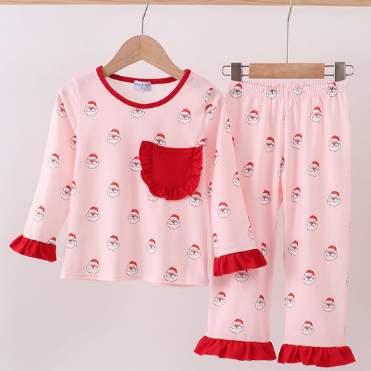 Christmas Santa Claus Pink Ruffle Print Pants Set