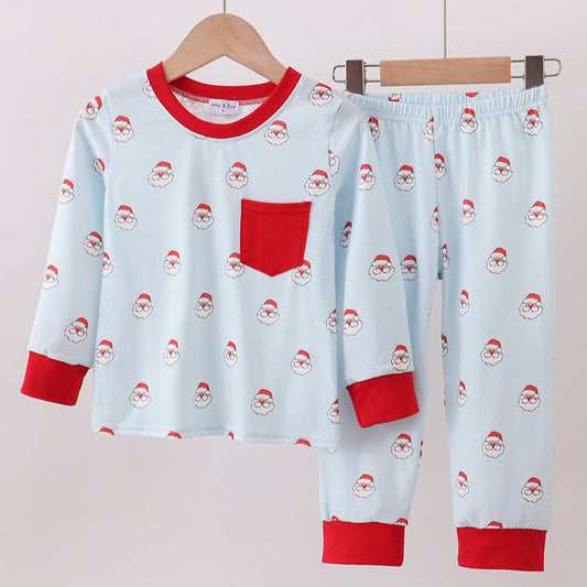 Christmas Santa Claus Blue Ruffle Print Pants Set