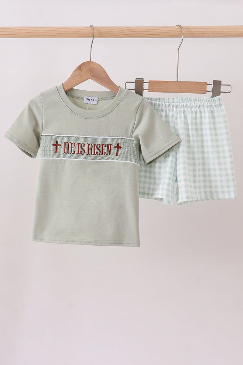 Sage He Is Risen Smocked Short Set