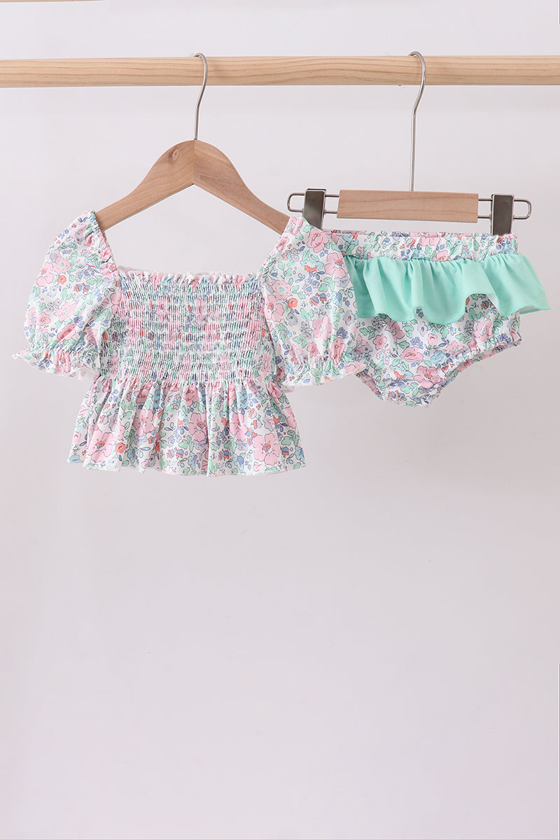 Green Floral Smocked Ruffle Swimsuit