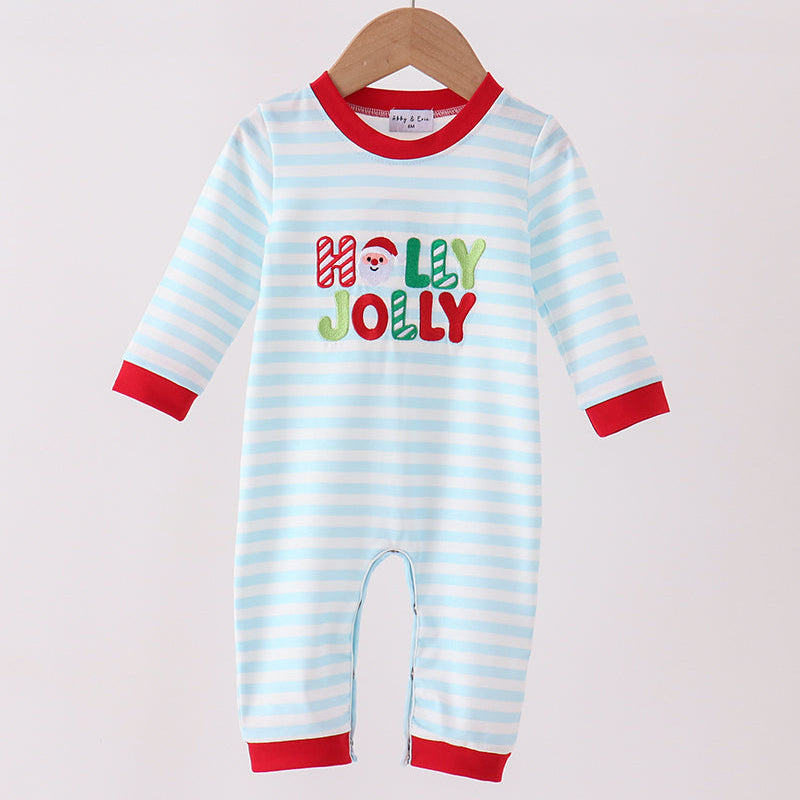 Blue Stripe Holly Jolly Romper