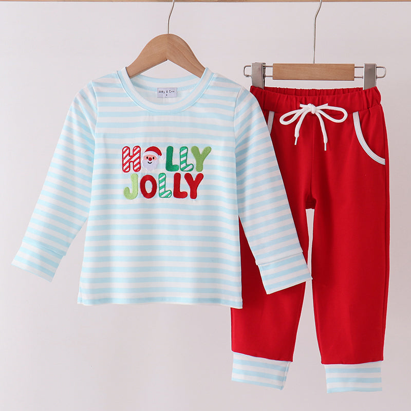 Blue Stripe Holly Jolly Embroidery Boys Pant Set