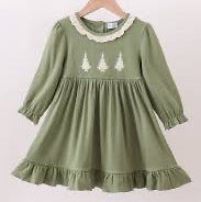 Green Christmas Tree Ribbon Embroidery Ruffle Dress