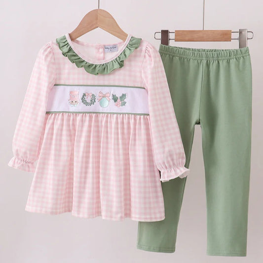 Pink Nutcracker Embroidery Gingham Pants Set