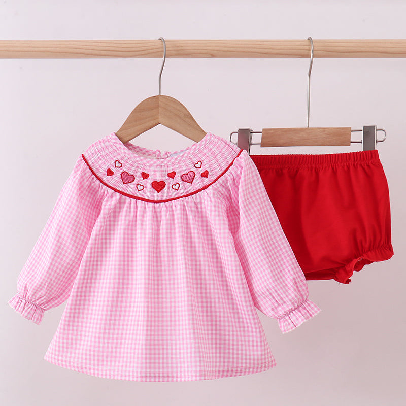 Pink Heart Smocked Gingham Bloomer Set