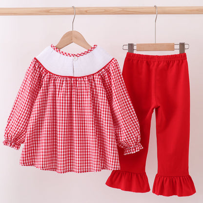 Red Woven Christmas Tree Reindeer Smocked Pants Set