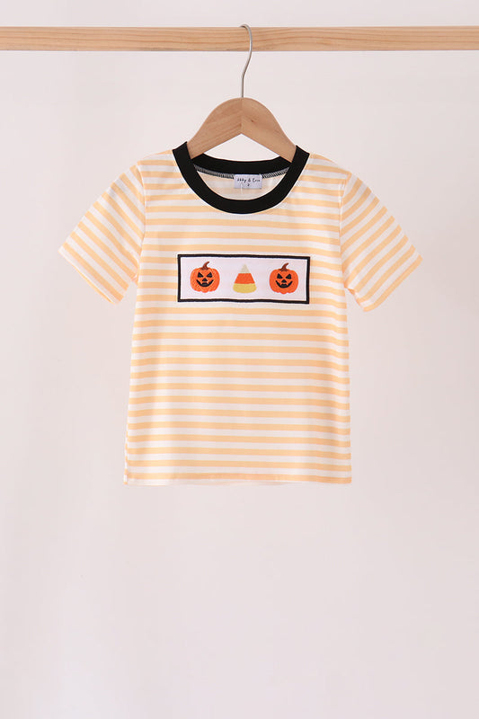 Pumpkin Embroidered Striped Top