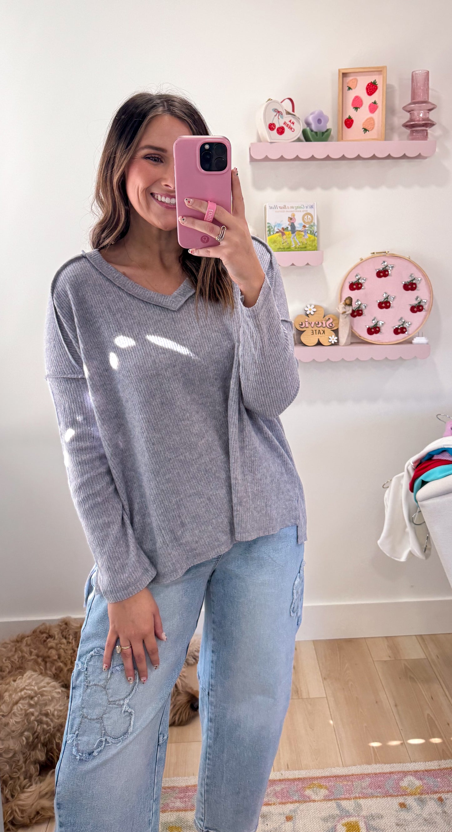 Ribbed Long Sleeve Top, H. Grey