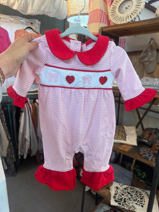 Red valentine's day heart embroidery ruffle romper