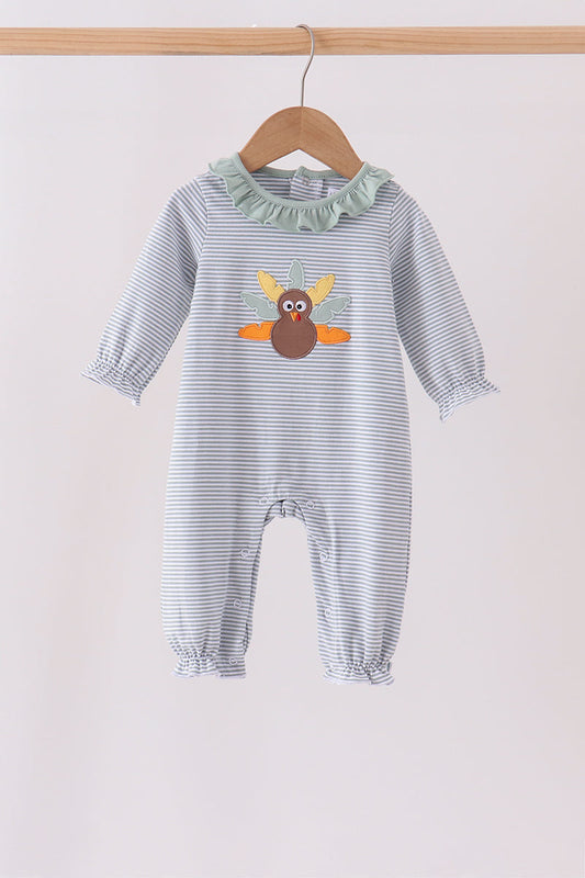 Sage Turkey Ruffle Striped Romper