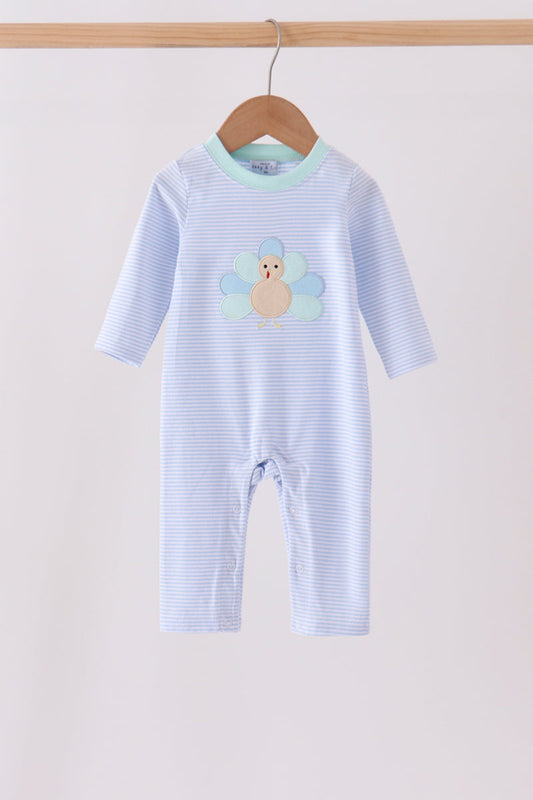Blue Turkey Embroidered Stripe Romper