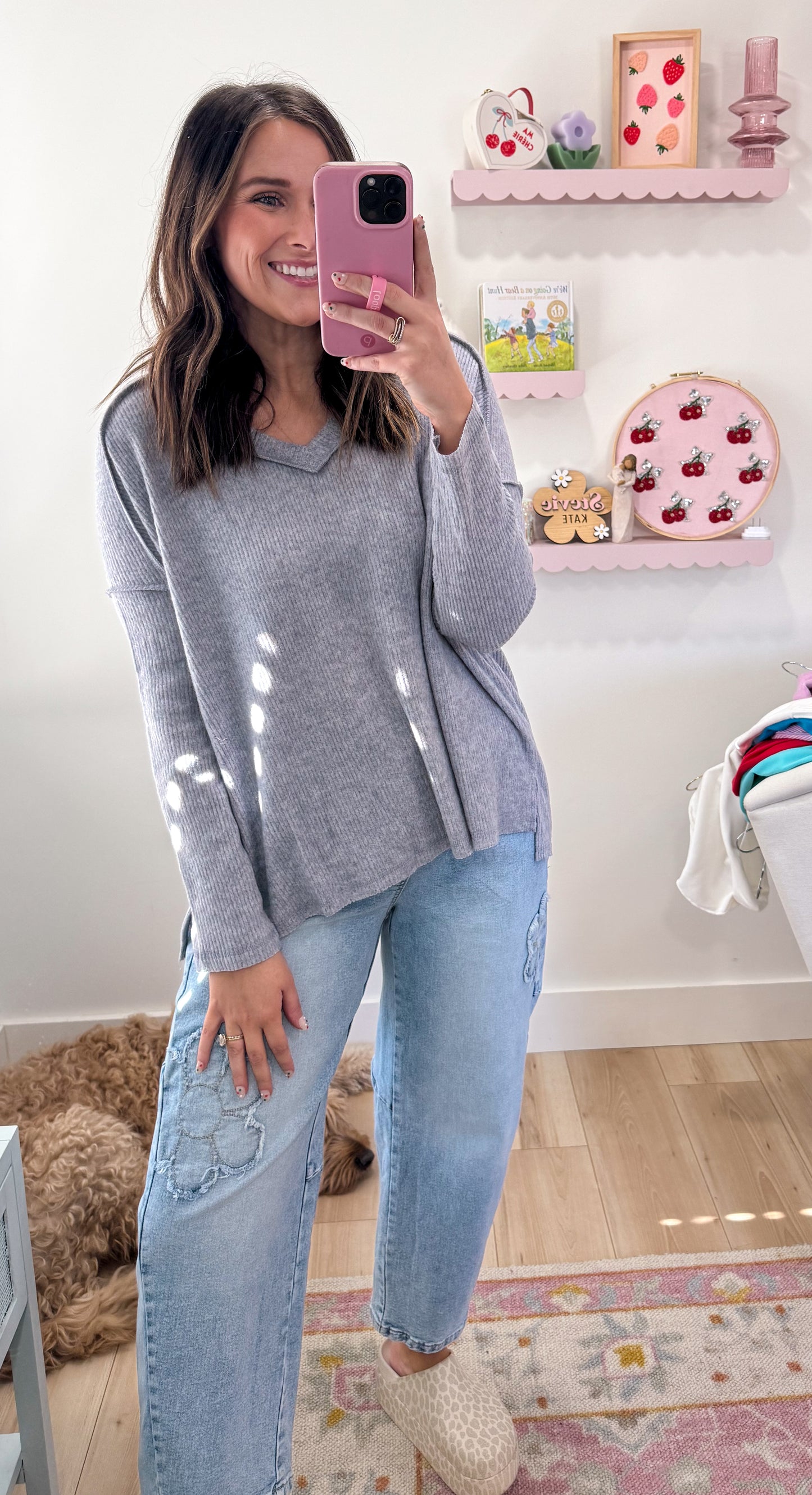 Ribbed Long Sleeve Top, H. Grey