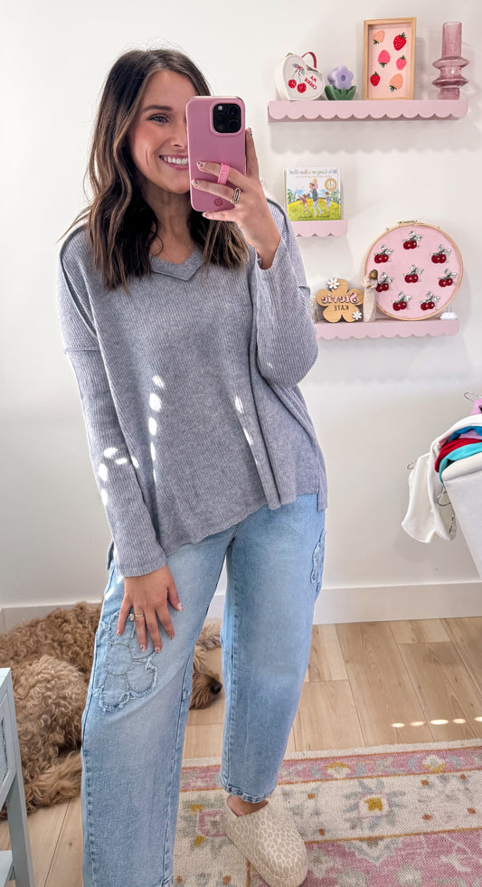 Ribbed Long Sleeve Top, H. Grey