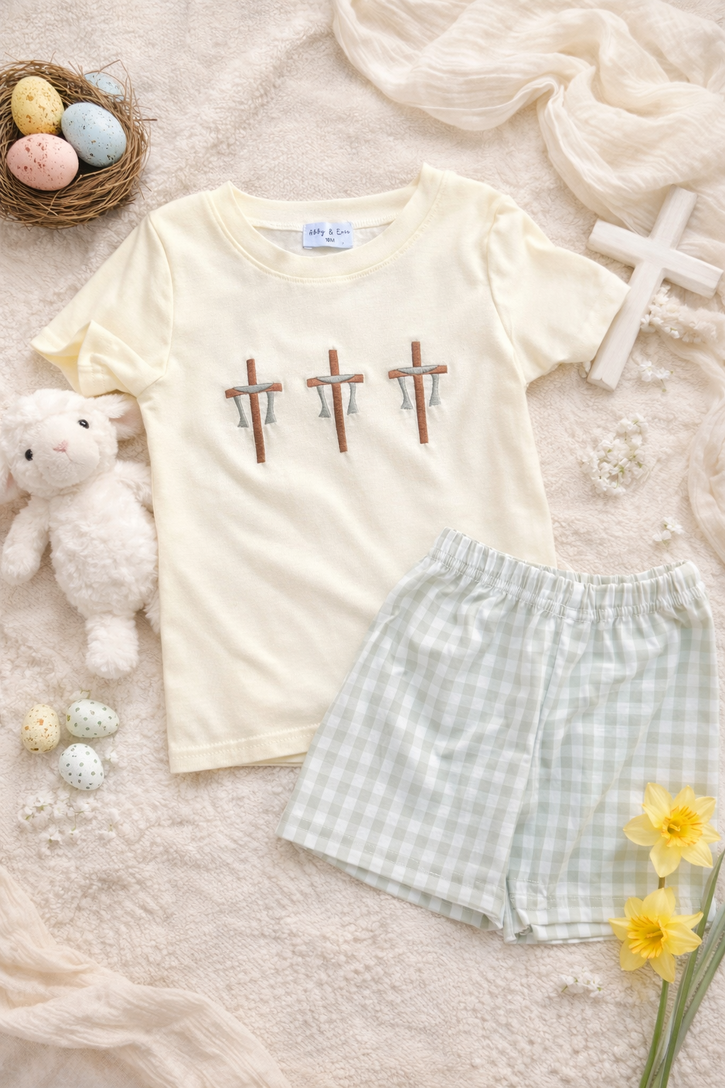 Green Cross Embroidery Gingham Short Set