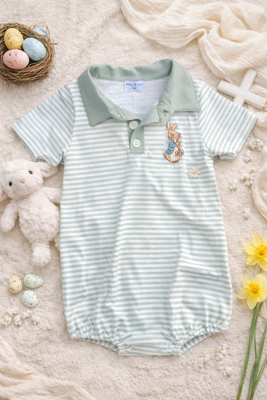 Sage Bunny Embroidery Stripe Bubble