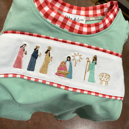Green Nativity Embroidery Romper