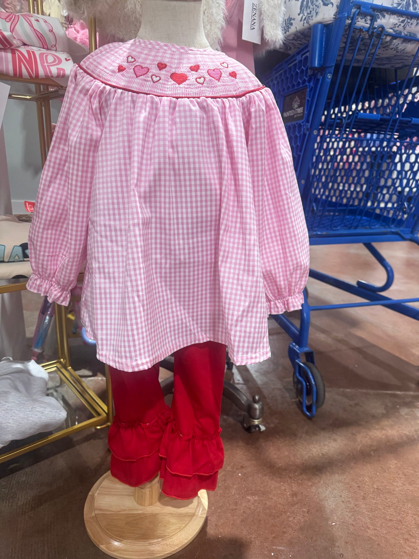 Pink heart smocked gingham ruffle pants set