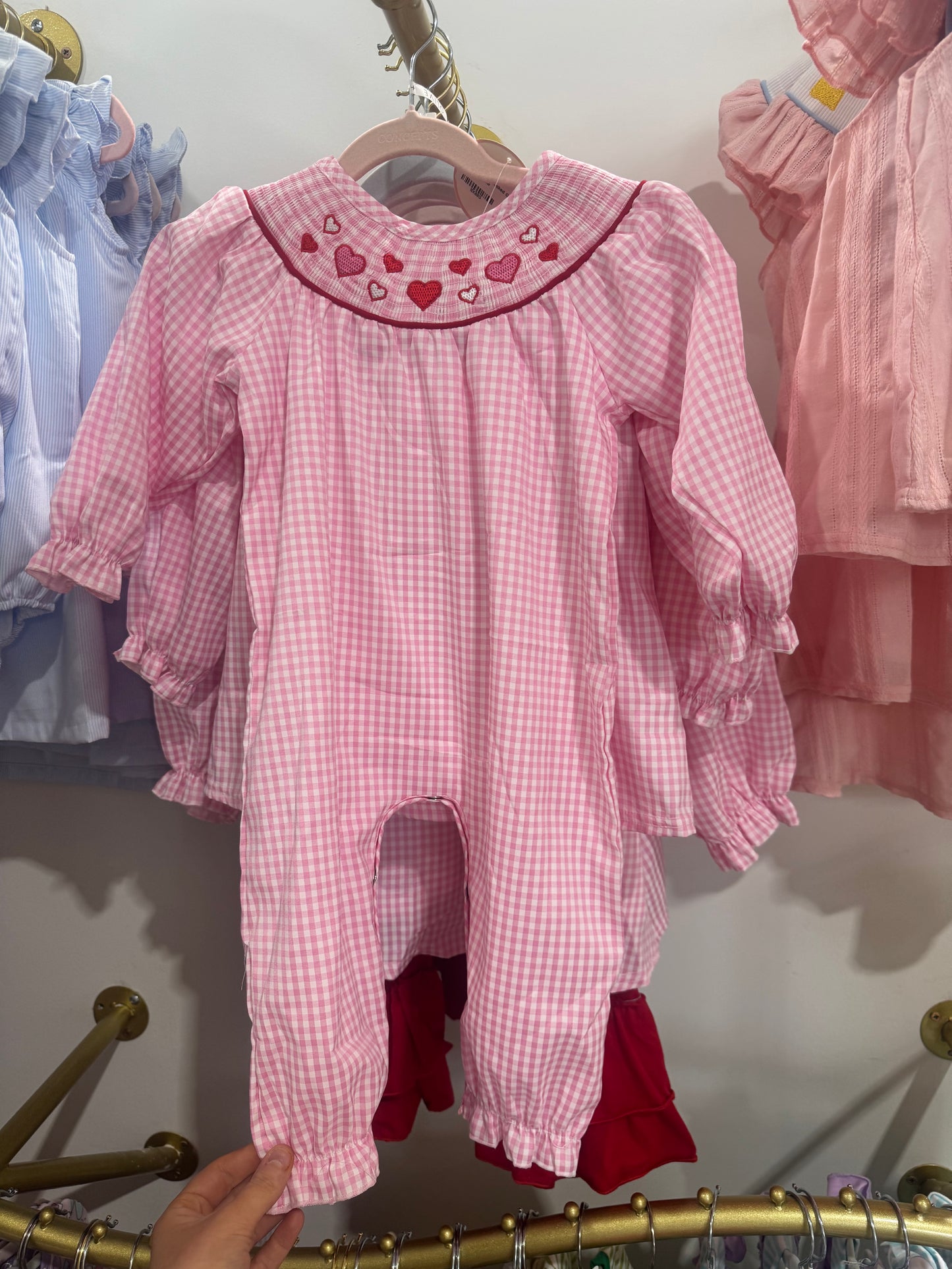 Pink Heart Smocked Gingham Romper