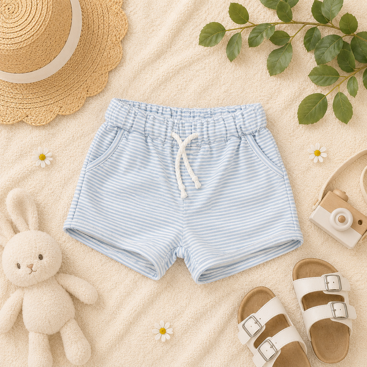 Blue & White Stripe Drawstring Shorts