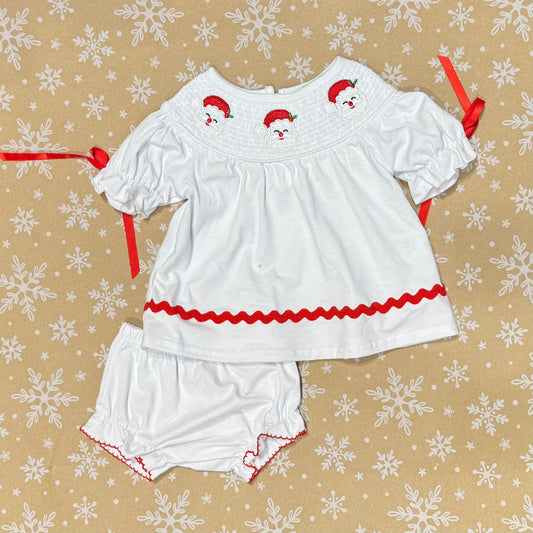 White Santa Claus Smocked Bloomer Set