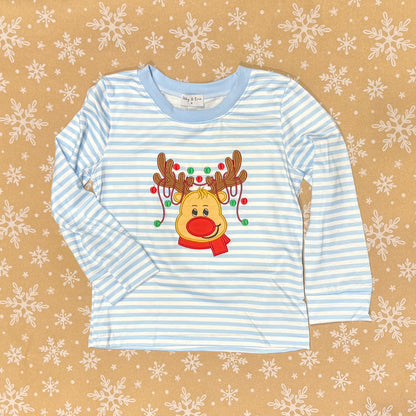 Blue Striped Reindeer Boys Top