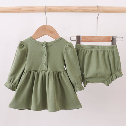 Green Christmas Tree Embroidery Ribbon Ruffle Bloomer Set