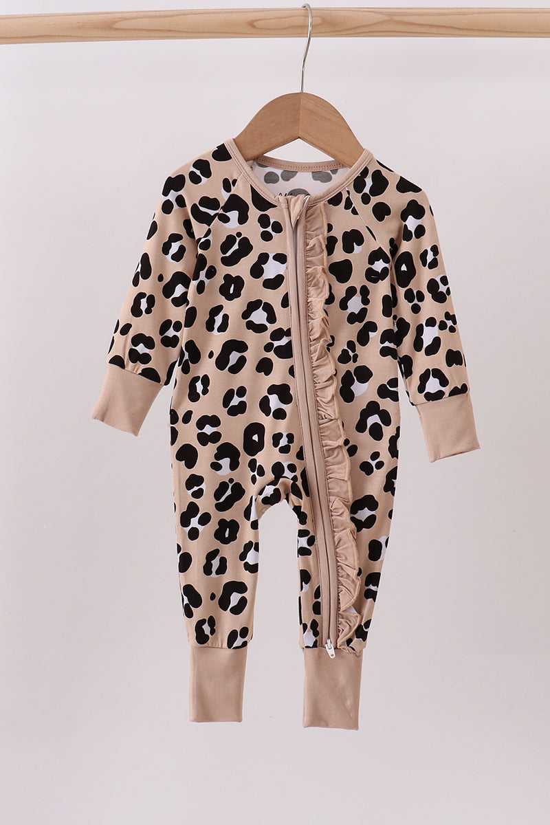 Leopard Bamboo Ruffle Zipper Romper