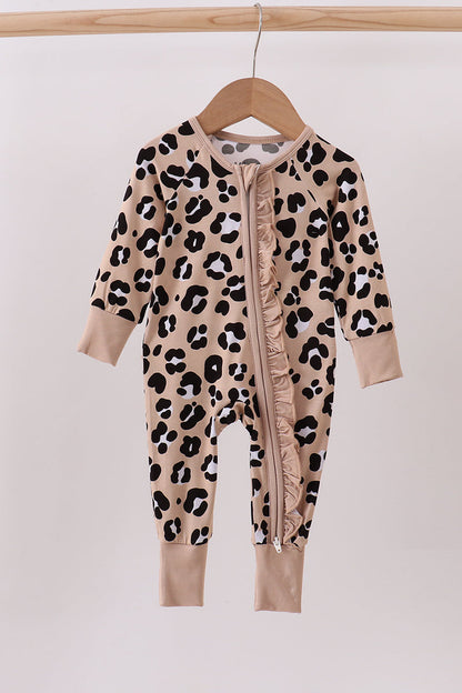 Leopard Bamboo Ruffle Zipper Romper