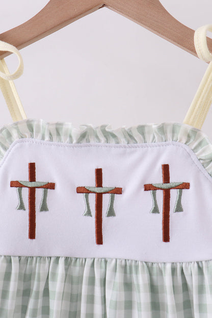 Green Cross Embroidery Gingham Dress