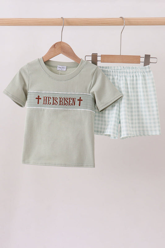 Sage He Is Risen Smocked Short Set
