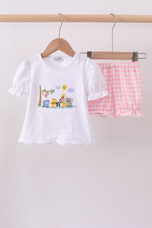 Pink Zoo Embroidery Gingham Bloomer Set