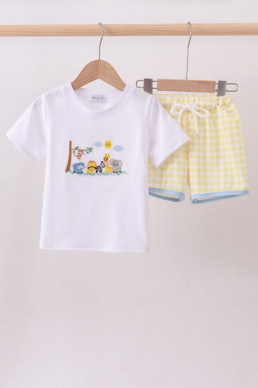 White Zoo Embroidery Gingham Short Set