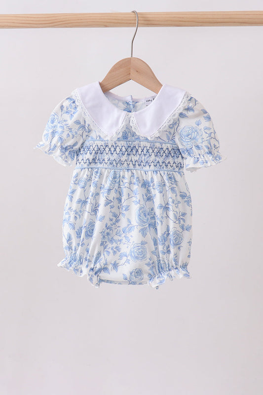Blue Floral Smocked Bubble
