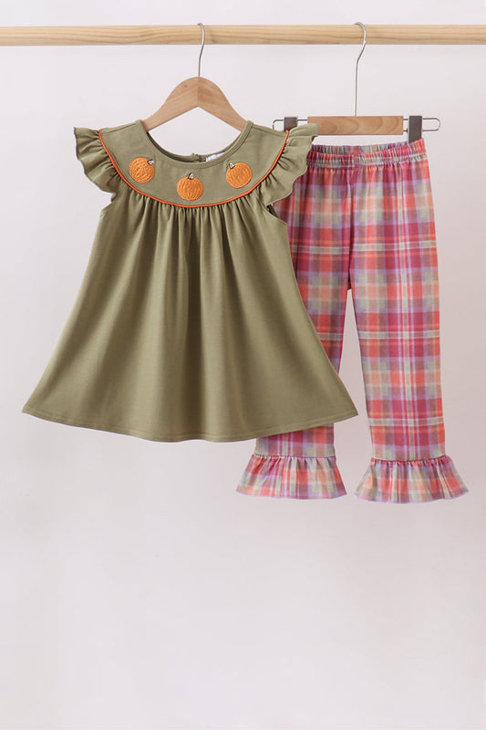 Camel Pumpkin Embroidery Plaid Pant Set