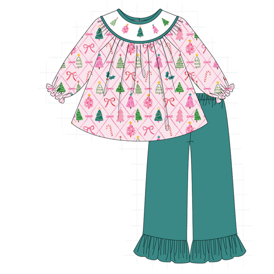 Pink Christmas Tree Embroidery Ruffle Pants Set