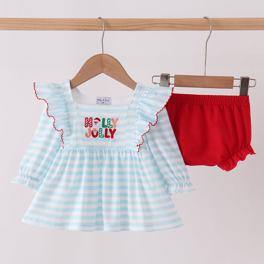 Blue Stripe Holly Jolly Ruffle Bloomer Set